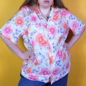 Vintage White Pink Floral Button Up Blouse, 2XL